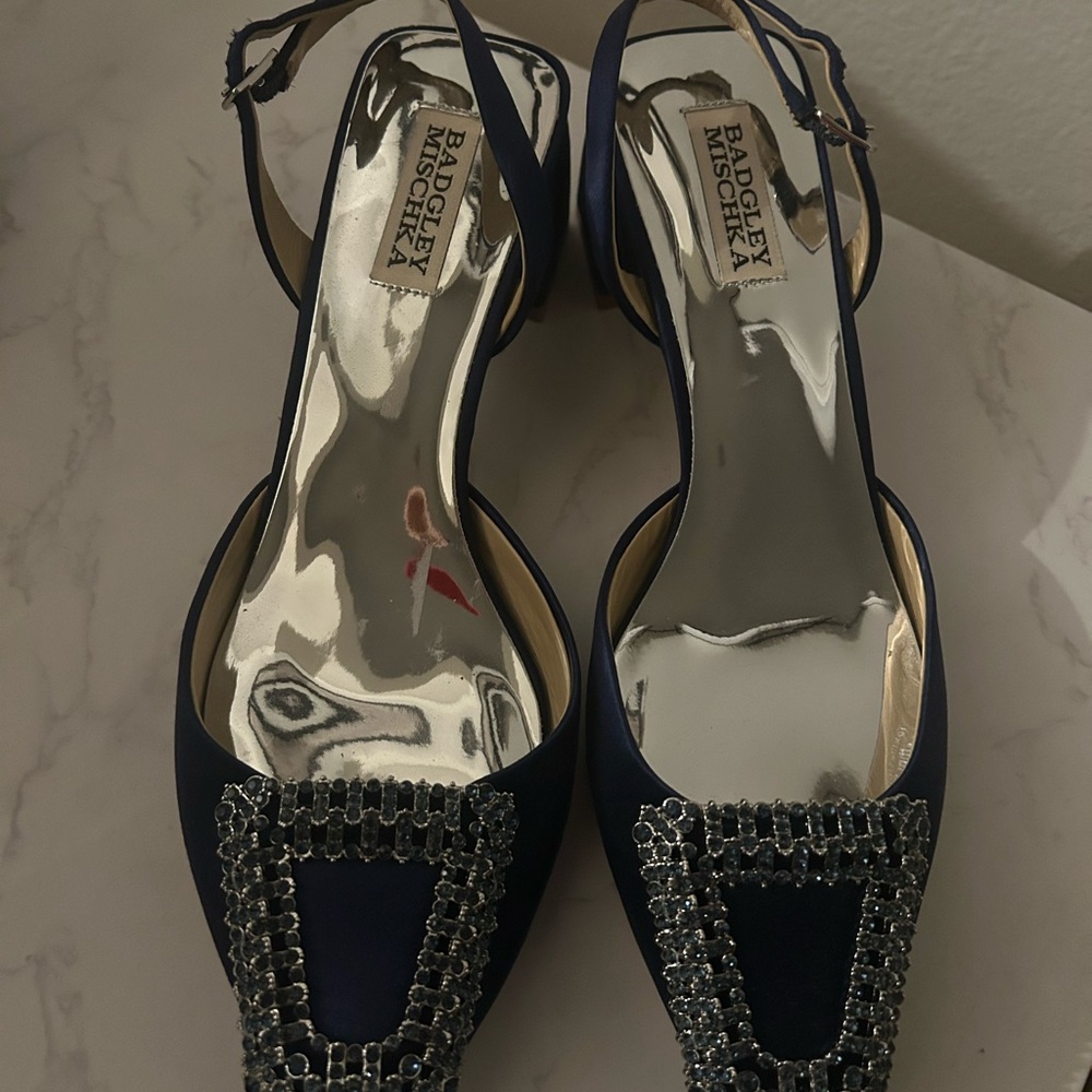 Badgley Mischka Navy Embellished Slingback Flats